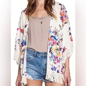 Umgee Floral Kimono Open Front Cardigan Shawl with Fringe Hem